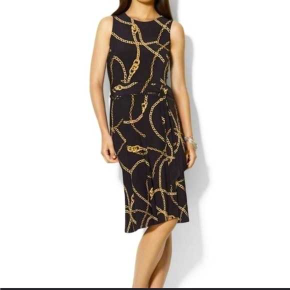 Lauren Ralph Lauren dress - black/gold chain print sleeveless w/belt - Picture 8 of 13